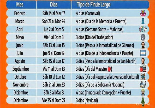 Feriados 2026 en Argentina: Fechas y días no laborables